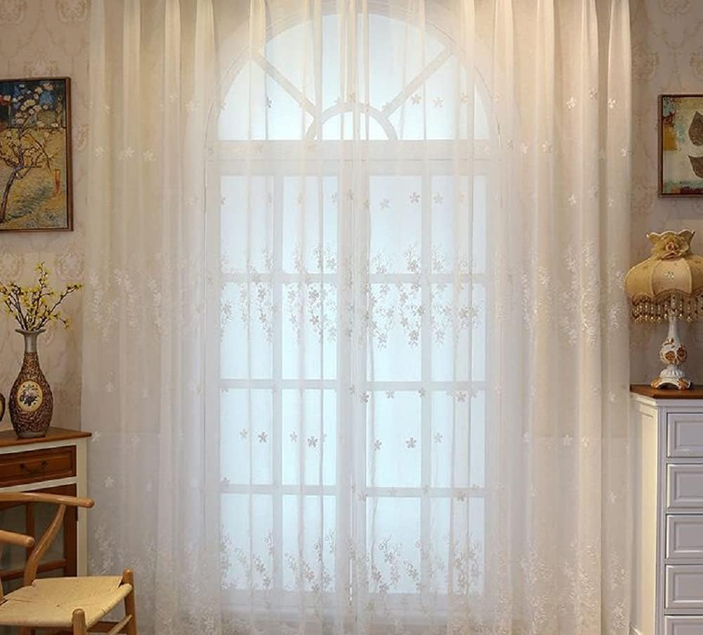 Exquisite Floral Embroidery Rural Style Sheer Curtains Semi Voile Panels Window Treatments for Kids Nursery Room Kitchen(1 Panel, W 100 x L 95 inch, White)