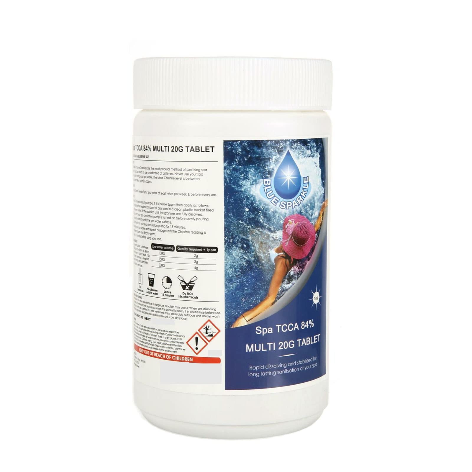 1 Kg (50 x 20g) Multifunctional Chlorine Tablets for Hot Tubs, All in One (Sanitiser, Stabiliser, Algaecide and Clarifier) Slow Release Dispenser Tablets for Swimming Pools, Spas Water Pool Cleaning
