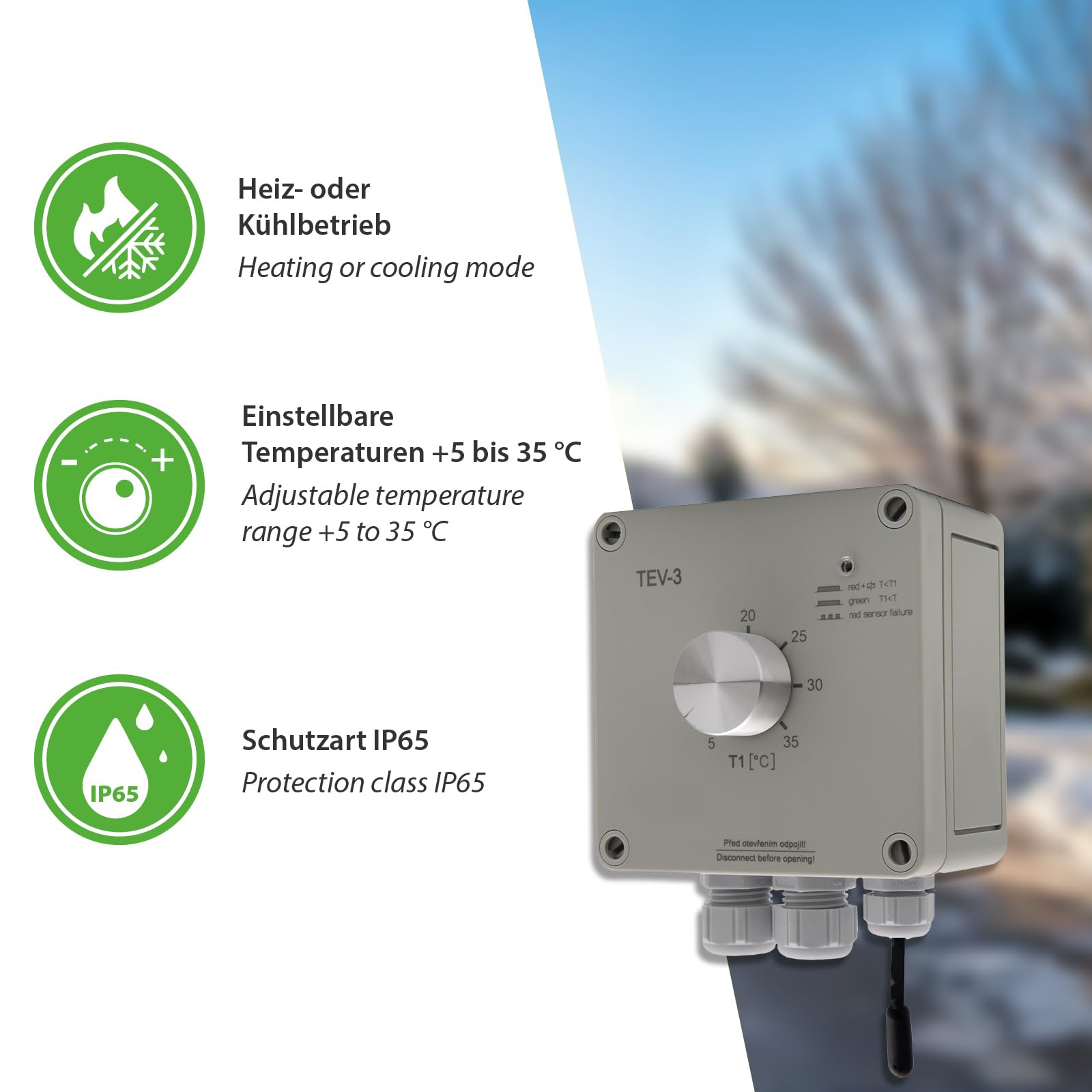 Régulateur de température TEV-3 en saillie - Thermostat avec sortie de commutation NC/NO - Capteur externe - Pour appareils de refroidissement et de chauffage