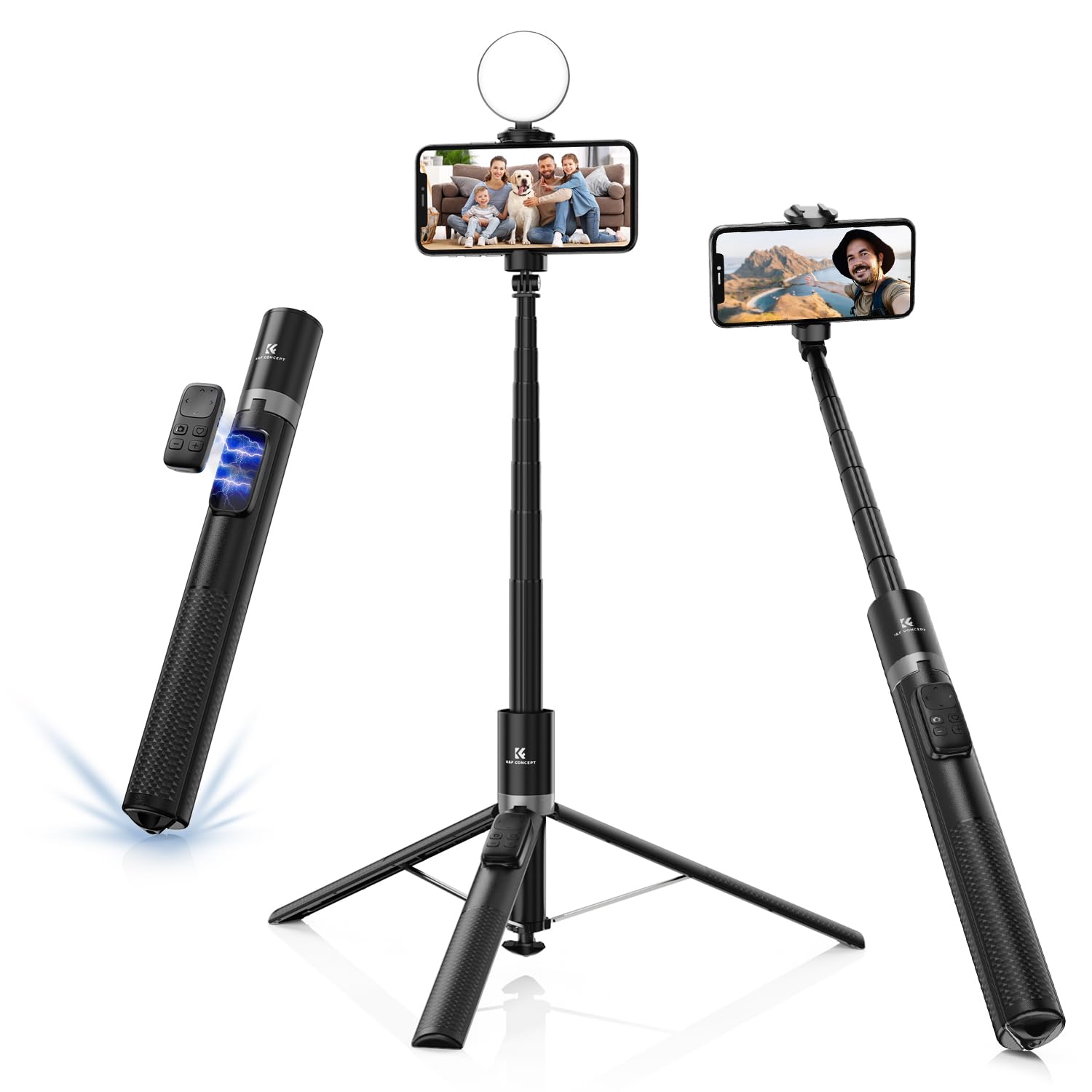 K&F CONCEPT 175cm Perche à Selfie Auto-Ouvert, Selfie Stick Trépied