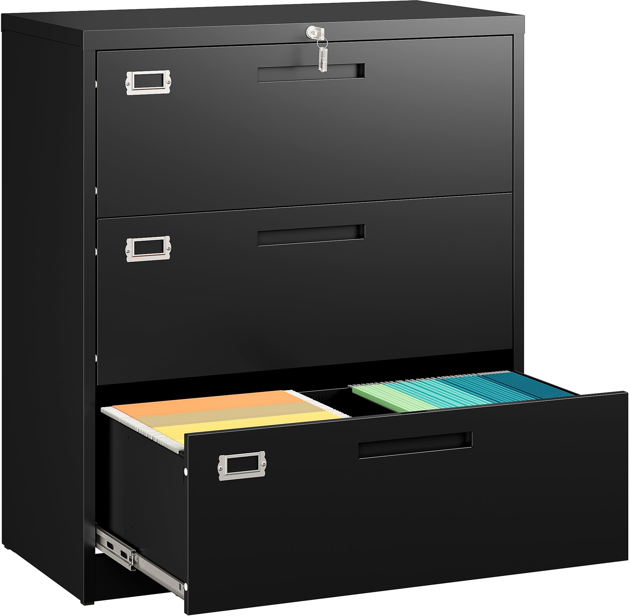 SISESOL 3 Drawer Lateral File Cabinet with Lock,Black Lateral Filing Cabinet,Horizontal Metal Filing Cabinets,Locked Wide Three Drawer File Cabinets