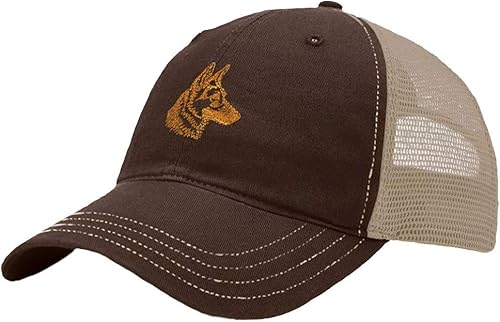 Gorra de béisbol cabeza de pastor alemán bordado dorado de algodón suave malla gorra Snapback marrón caqui diseño solo, Diseño marrón caqui solamente