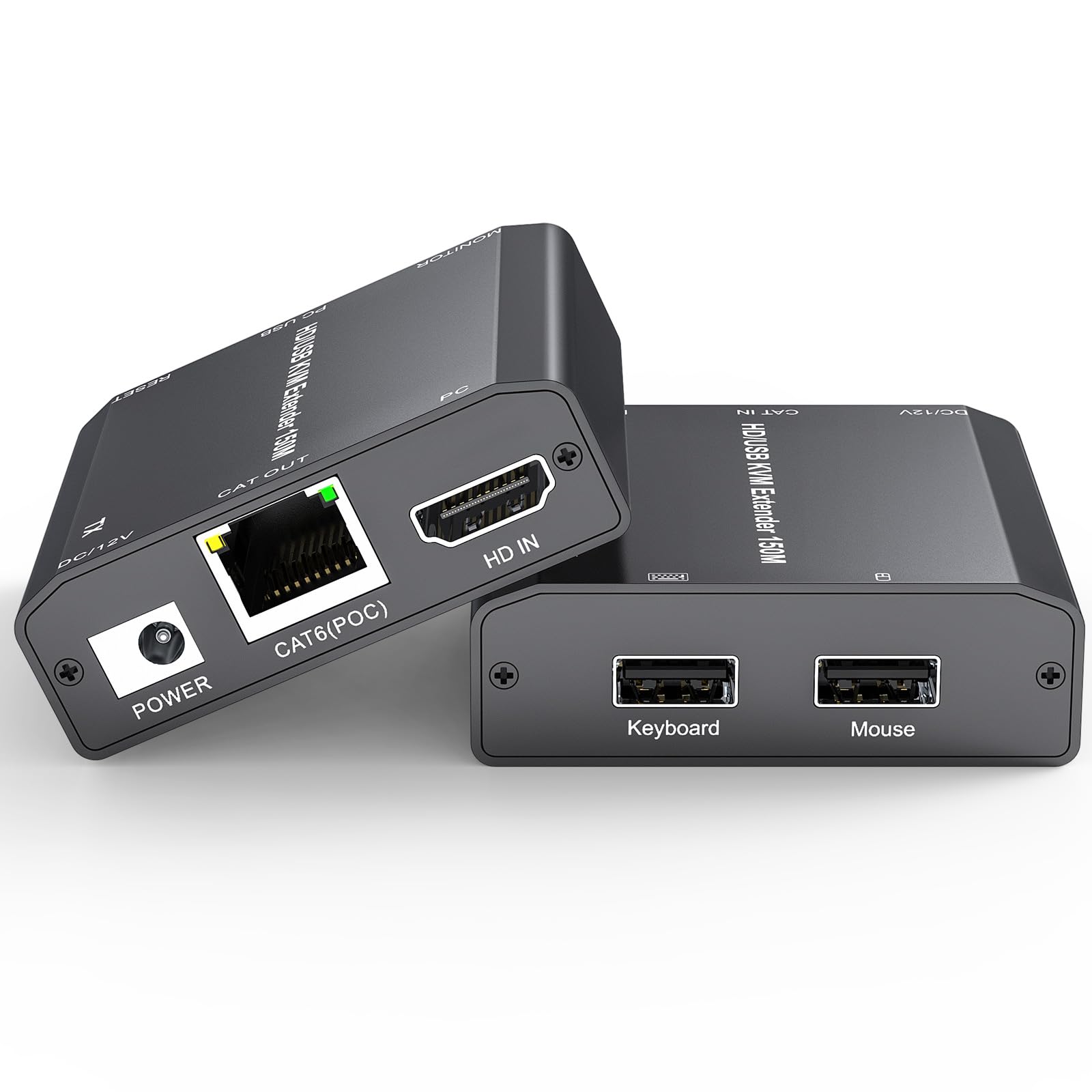 HDMI USB KVM Extender, KVM USB HDMI Extender over CAT6 / CAT5e up to 150M, Lossless Latency, Plug and Play, 1080P@60Hz, Loop Out, POE, Mouse and Keyboard Remote Control PC