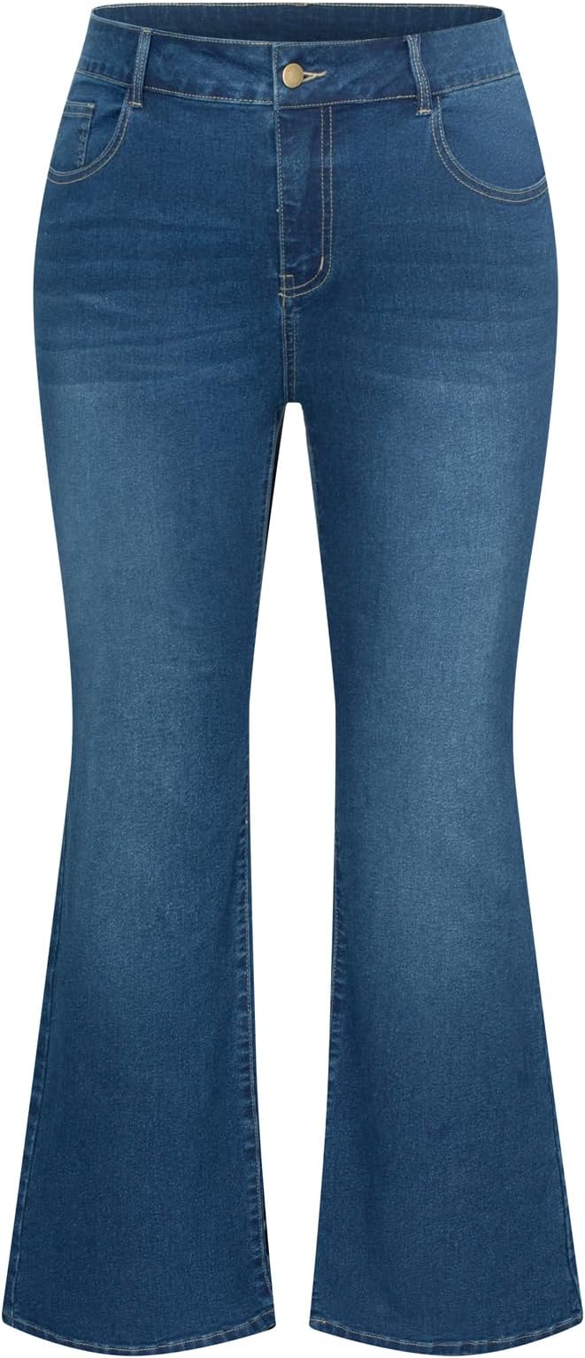 Hanna Nikole Women's Plus Size Wide Flared Jeans High Waisted Stretchy Bell Bottom Denim Jeans (Standard and Plus)