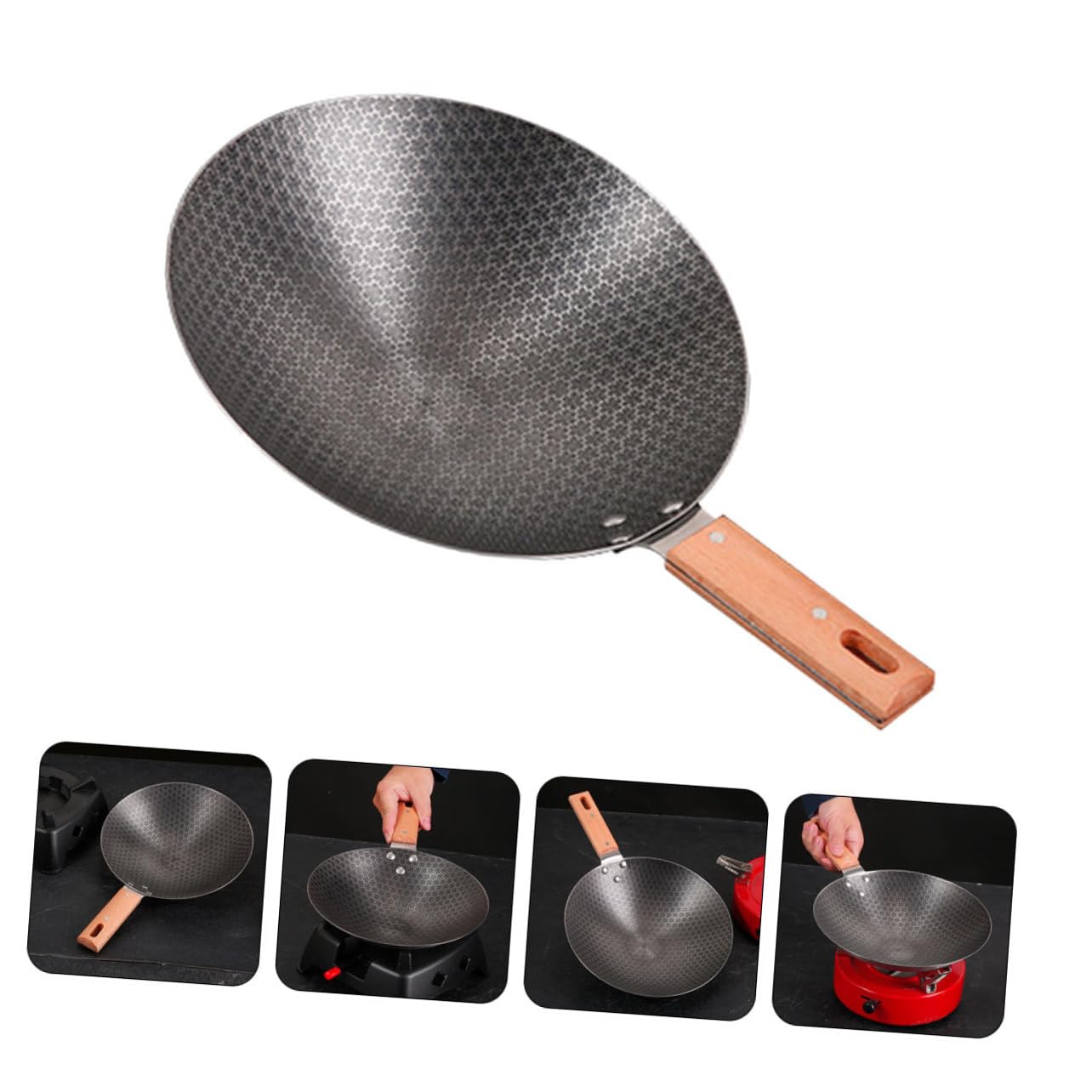 Homoyoyo Padella Wok Piccola in Ferro Manico in Legno per Esterno