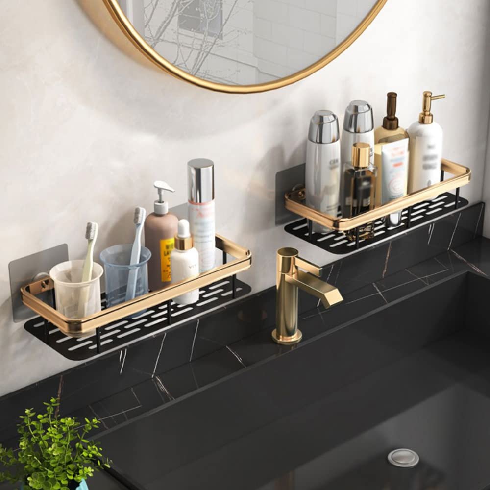 Cesta de ducha Estante de baño Cesta de ducha, Adhesivo de ventosa sin perforaciones en la pared, Soporte de champú para inodoro de aluminio dorado negro, Estante organizador de cocina Almacenamiento
