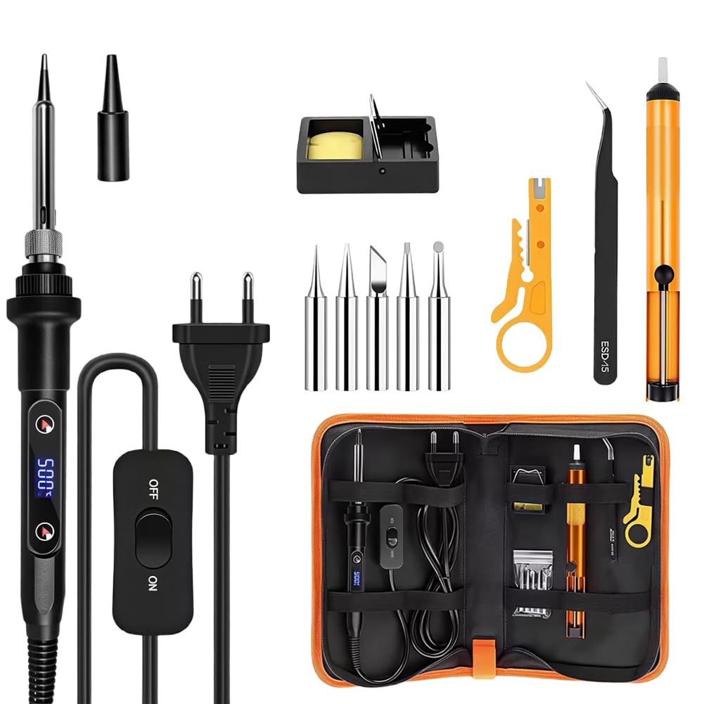 Serplex® 12-in-1 Soldering Iron Tool Kit 80W Fast Heat up LCD Soldering Gun Welding Tools with ON/OFF Switch, 180-500°C Adjustable Temp Range, Includes Tips, Desoldering Pump, Stand, Tweezers