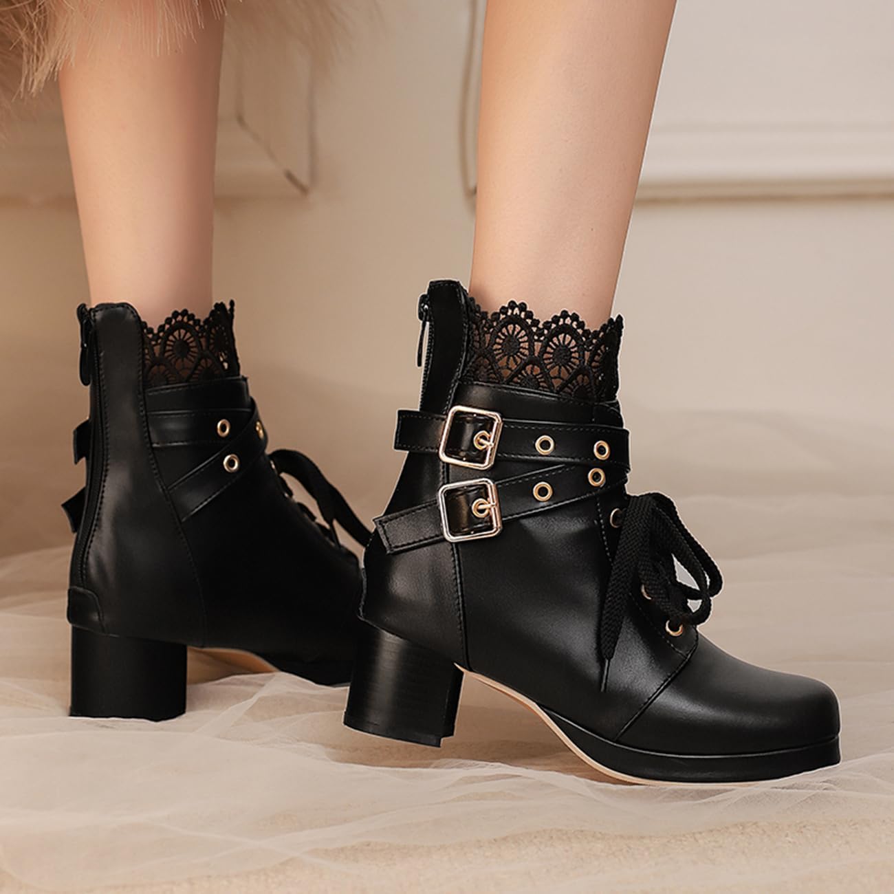 Womens Bow Ankle Boots Round Toe Lace Up Chunky Mid Heel Booties
