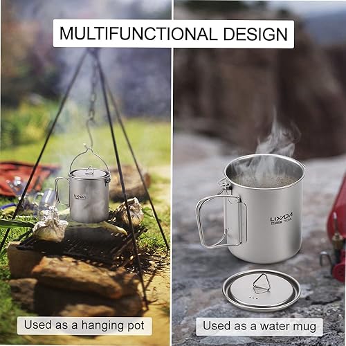 Miniatura 3 de Lixada Taza de agua de titanio con tapa y mango plegable, ultraligero de 25.4 fl oz, olla de titanio, portátil, al aire libre, camping, cocina,