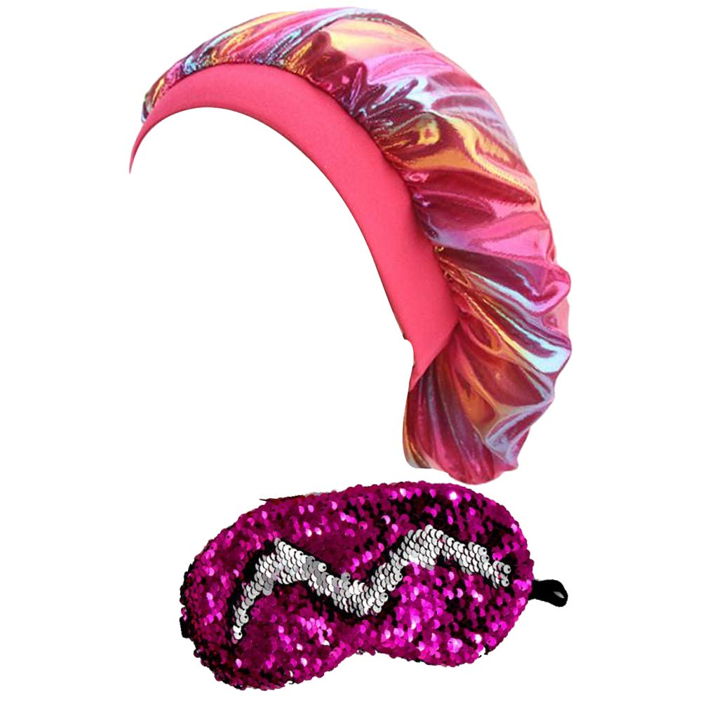 Arycrack Bonnet Cap Sleep Cap Rainbow Laser Colors Futuristic Wide Band with One Handmade Sequin Eye Mask (Pink)