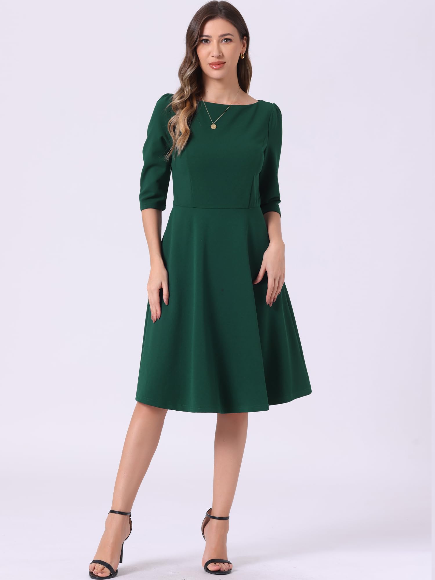 Allegra K Wear to Work Dress for Women's Boat Neck Short Sleeves Midi Flared Office Dresses