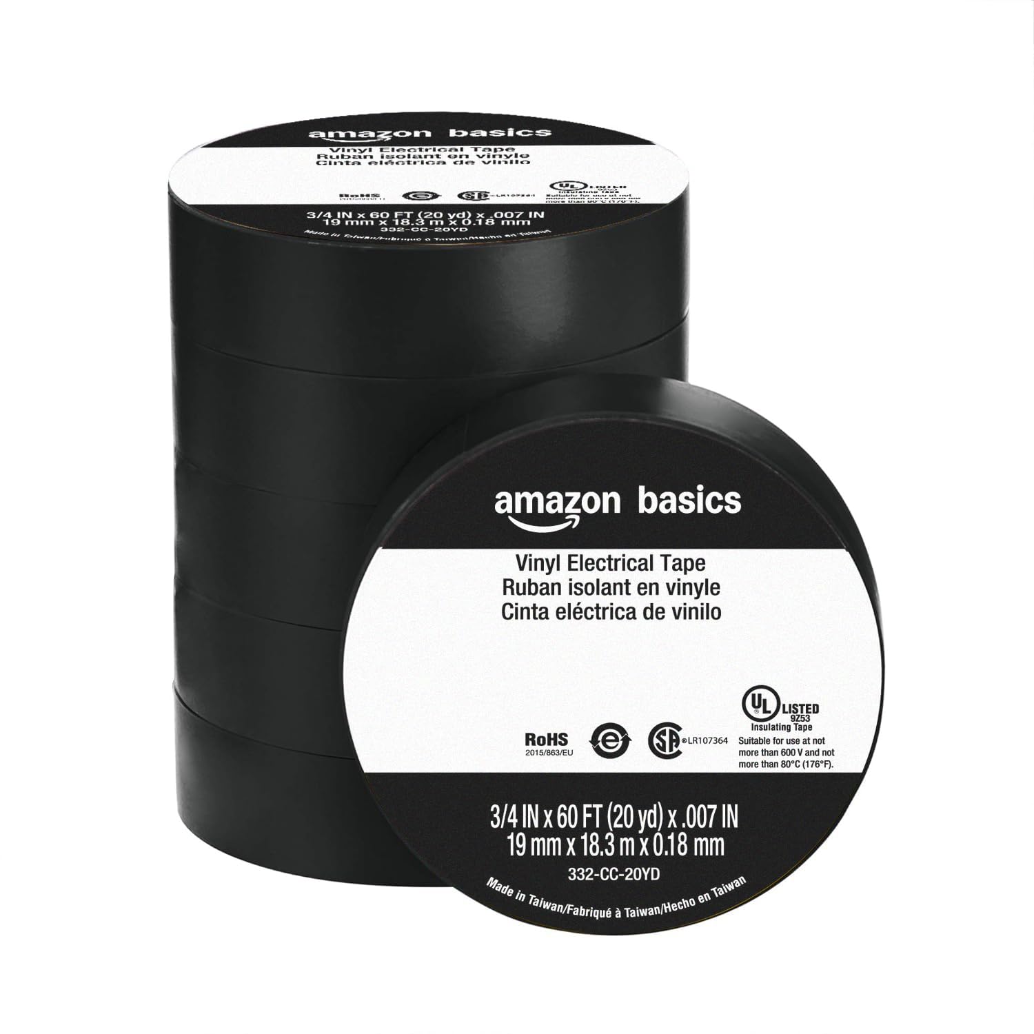 Amazon Basics Vinyl Electrical Adhesive Tape, High Temp Flame Retardant, 3/4 in x 60 ft x 0.007in (19 mm x 18.3 m x 0.18mm), Black, 6-Pack (Previously Amazon Commercial Brand)