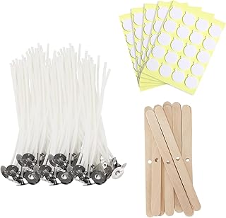 Candle Making Kit, 50 Cotton Wicks 4"(10 cm), 54 Wick Stickers, 10 Wooden Wick Holders