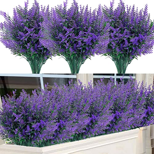 12 Piezas Lavanda Artificiales Flores Falsas Arbustos Plantas Artificiales Lavanda Flor de Plastico para Hogar Jardín Ventana Porche Fiesta Boda Decoración Violet