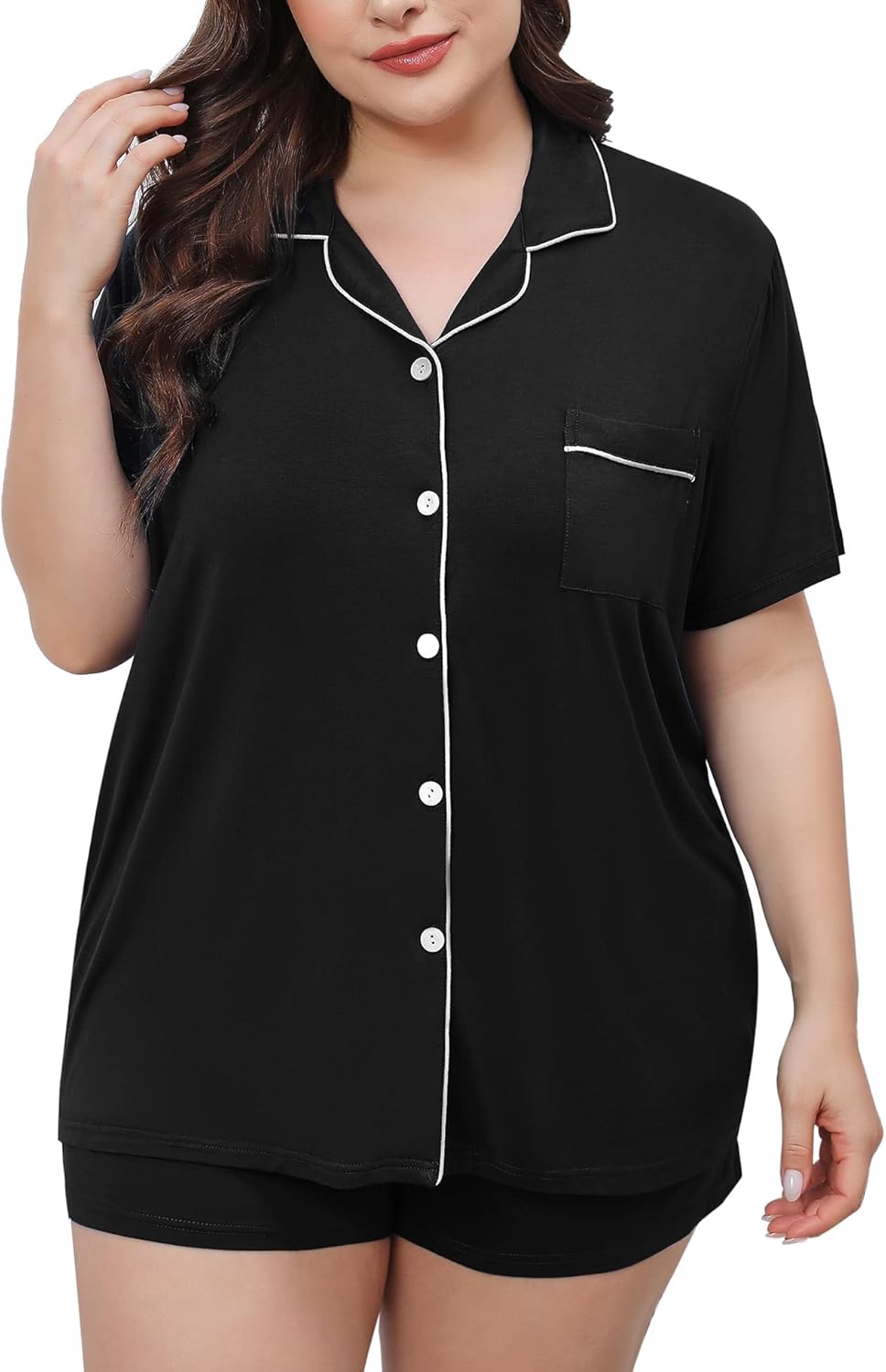 SWOMOG Women's Plus Size Pajamas Set Button Down Tops Short Sleeve Sleepwear Soft Pajama Shorts 2 Pcs Lounge Sets With Pocket - Image 2