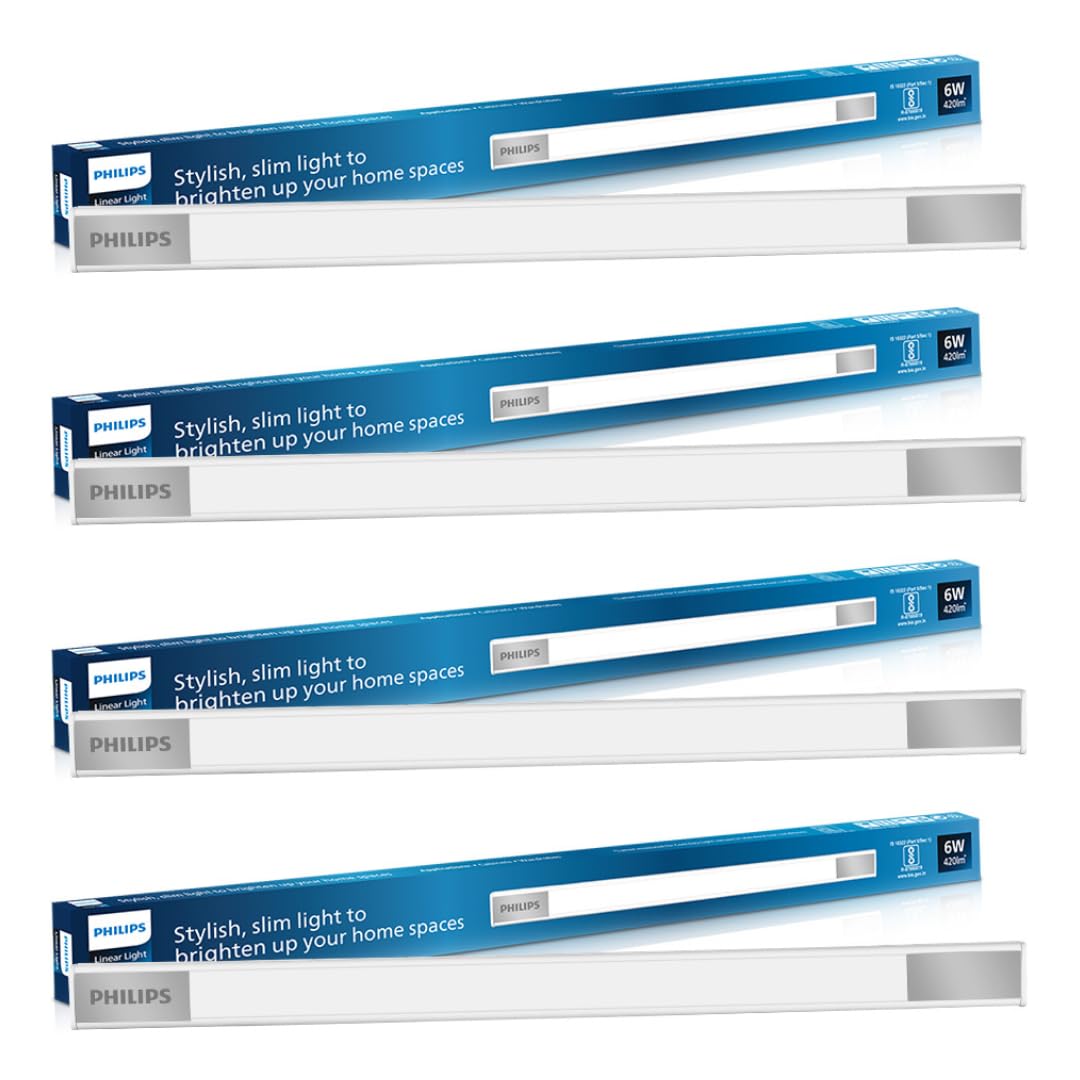 PHILIPS Space Glow 1ft LED Linear Cabinet Light | 6-watt LED Under Cabinet Wardrobe and Kitchen Light, Warm White, Pack of 4
