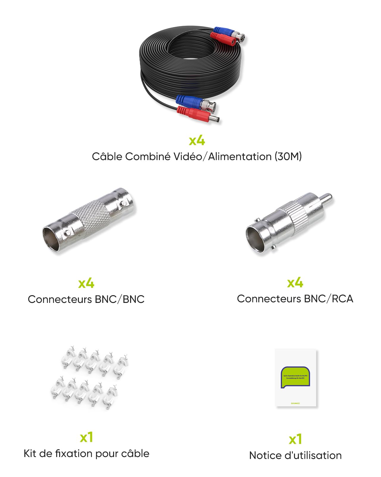 SANNCE 30m Câble de Video DC Power Connecteur BNC Vidéo 4pcs pour CCTV Caméra DVR, Noir