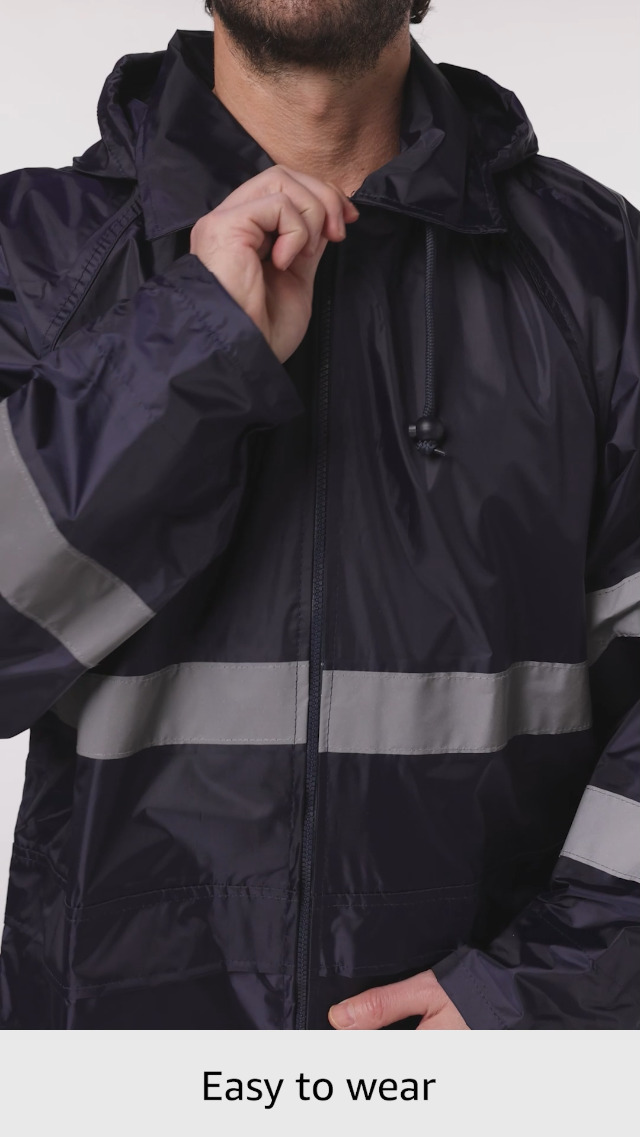 Image of Portwest F438 Men's Waterproof Raincoat - Reflective Long Rain Jacket with Hood and Pockets Navy, Large