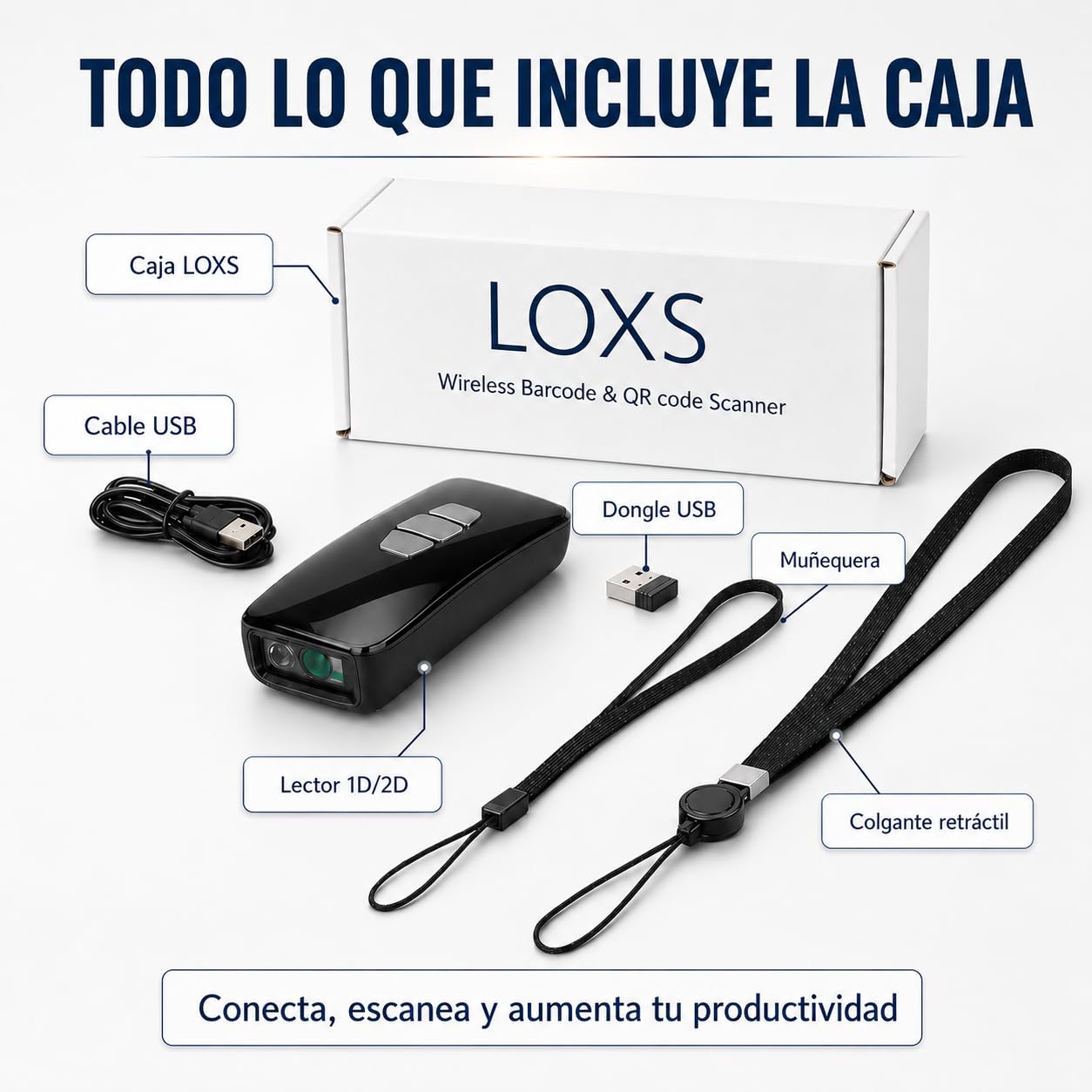 LOXS Lector codigo de Barras inalambrico 1D y Lector QR 2D para TPV y almacen – escaner codigo de Barras inalambrico Bluetooth USB 2.4GHz – Lector codigo Barras Android iOS Windows