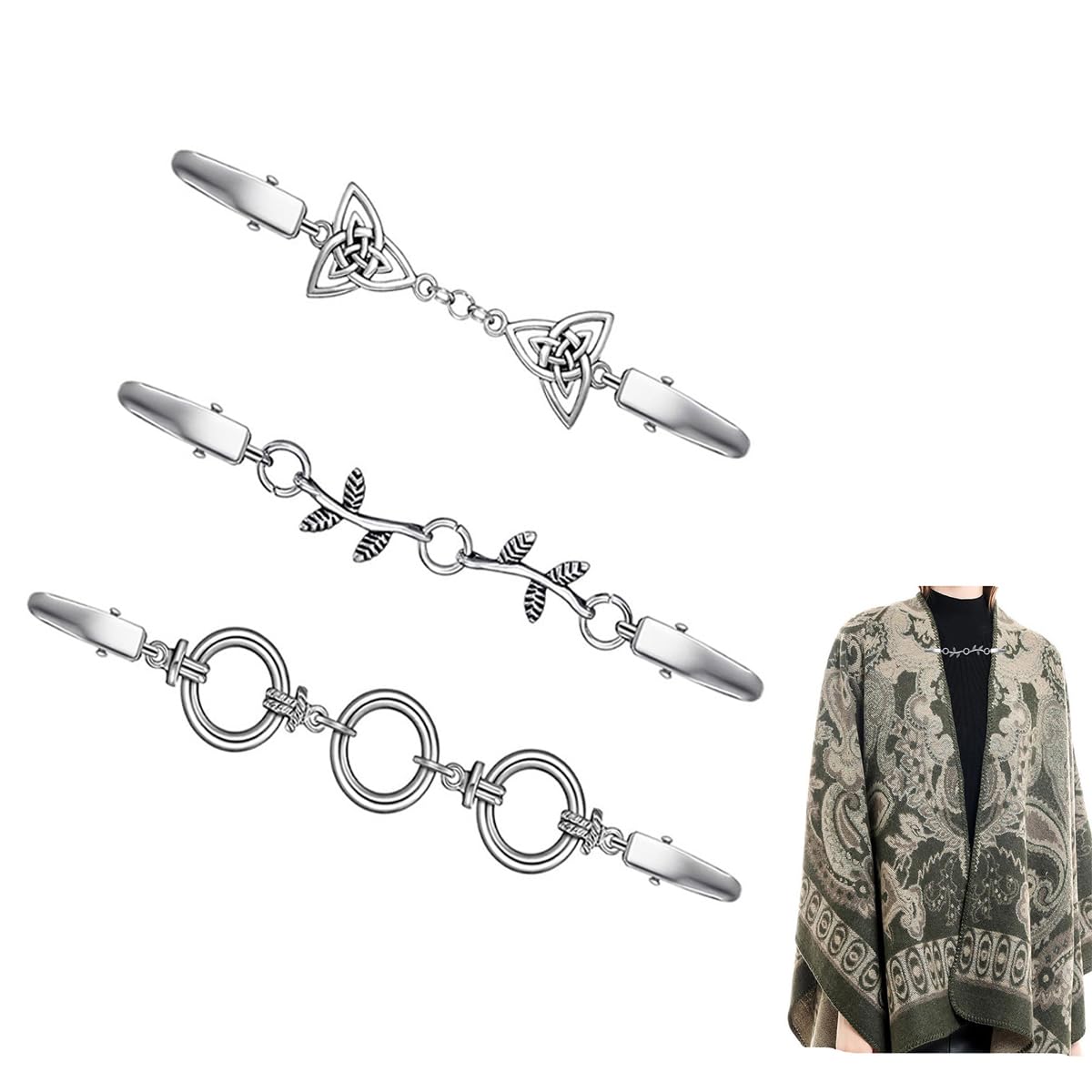 5 Clip Vintage Per Maglioni E Sciarpe - Fermagli Per Abbigliamento In Lega, Tessuto E Strass - Argento, Oro, Bianco, Nero - Set 11-13 Cm