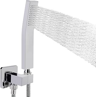 NearMoon Brass Hand Held Shower Head, Luxury High Pressure Shower Kit with Wall Connector and Hose Set, for Bathroom Showering System Contemporary Square Style (Chrome Finish)