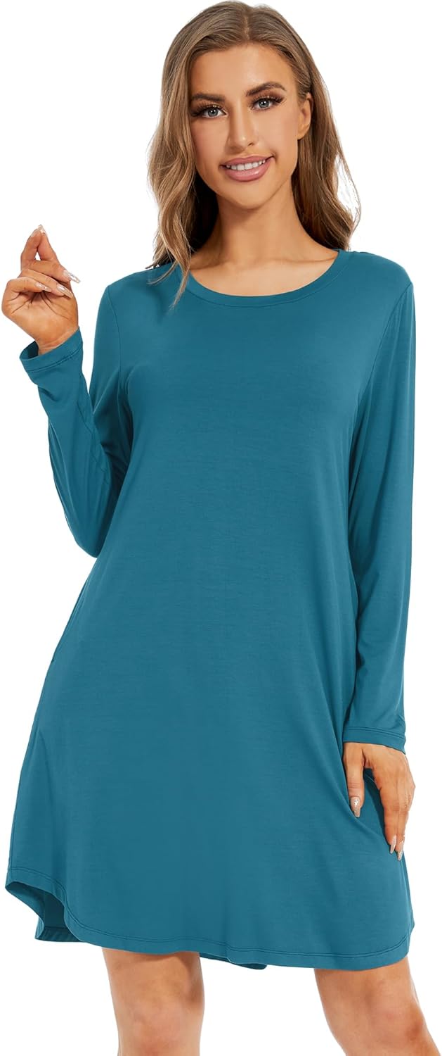 WiWi Women's Viscose from Bamboo Nightgowns Long Sleeve Cooling Crewneck Sleepshirts Casual Gown Super Soft Sleep Shirt S-XXL - Image 4