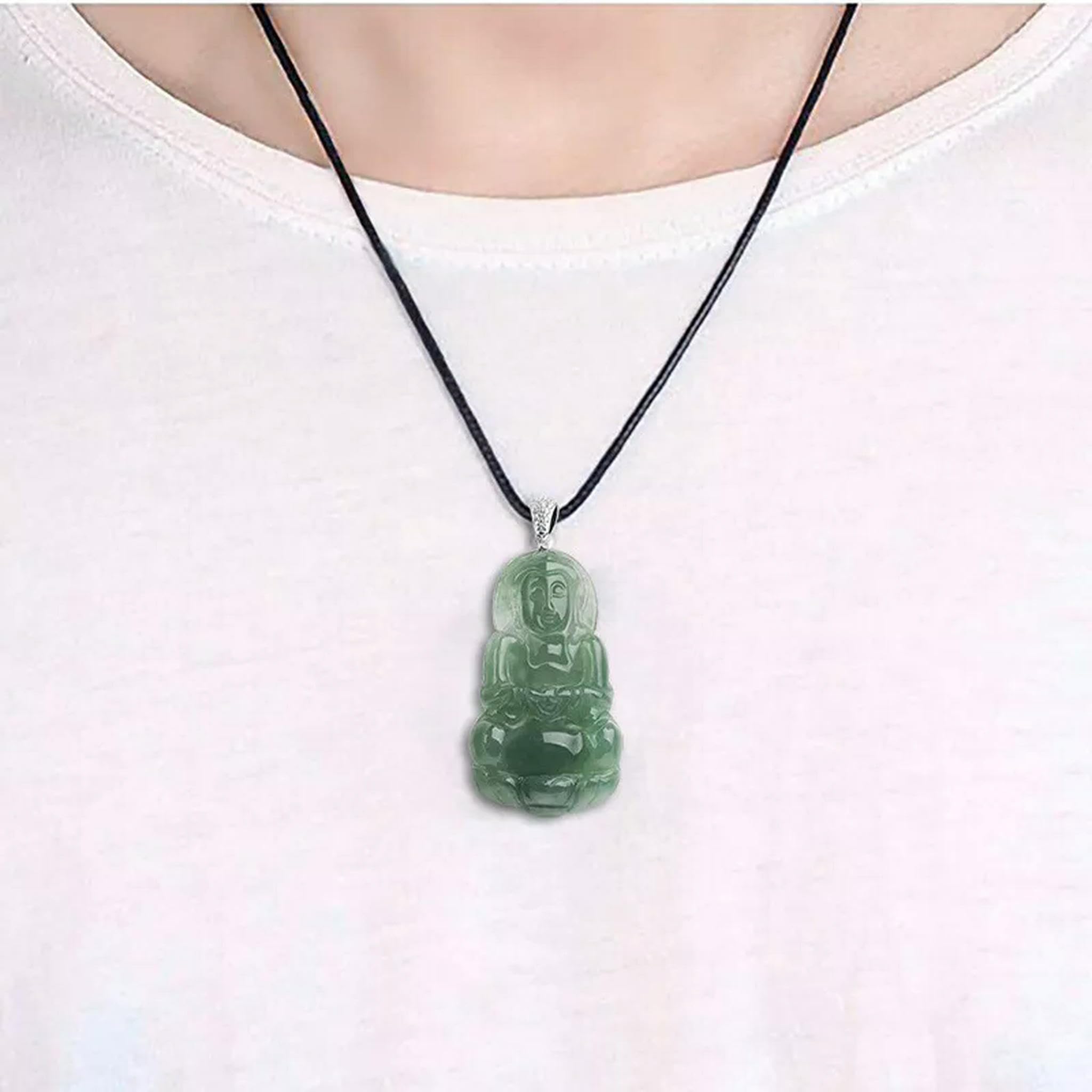 Natürliche Jade Öl Blau Guanyin Anhänger S925 Silber Schnalle Leder Seil Halskette