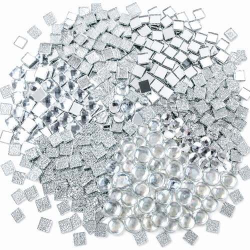 CHICSHIS 1000g Real Mirror Glass Mosaic Tiles for DIY Silver Textured Square Tiles (15mm) with Iridescent Glass Gems Mixed Shapes Stained Glass Set for Mosaic Art & Home Dcor Projects