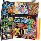 Complete Campfire Kit , Box include 6 Magical Color Changing Fire Packs, 20 Game Cards, 10 Glowsticks, 2 Fire Starters, 10 Incense Sticks, 10 Bamboo Sticks, Fun Camping Set, Outdoor Parties, Campfire