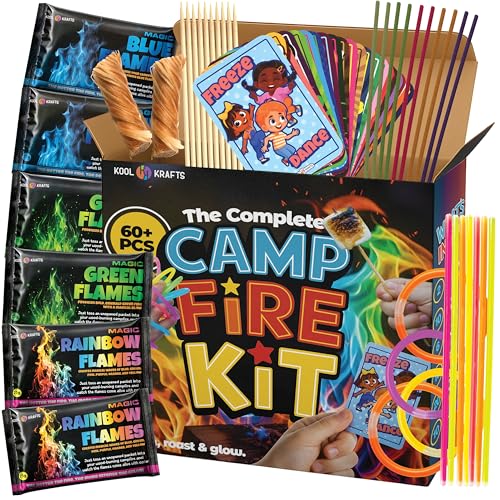 Complete Campfire Kit , Box include 6 Magical Color Changing Fire Packs, 20 Game Cards, 10 Glowsticks, 2 Fire Starters, 10 Incense Sticks, 10 Bamboo Sticks, Fun Camping Set, Outdoor Parties, Campfire