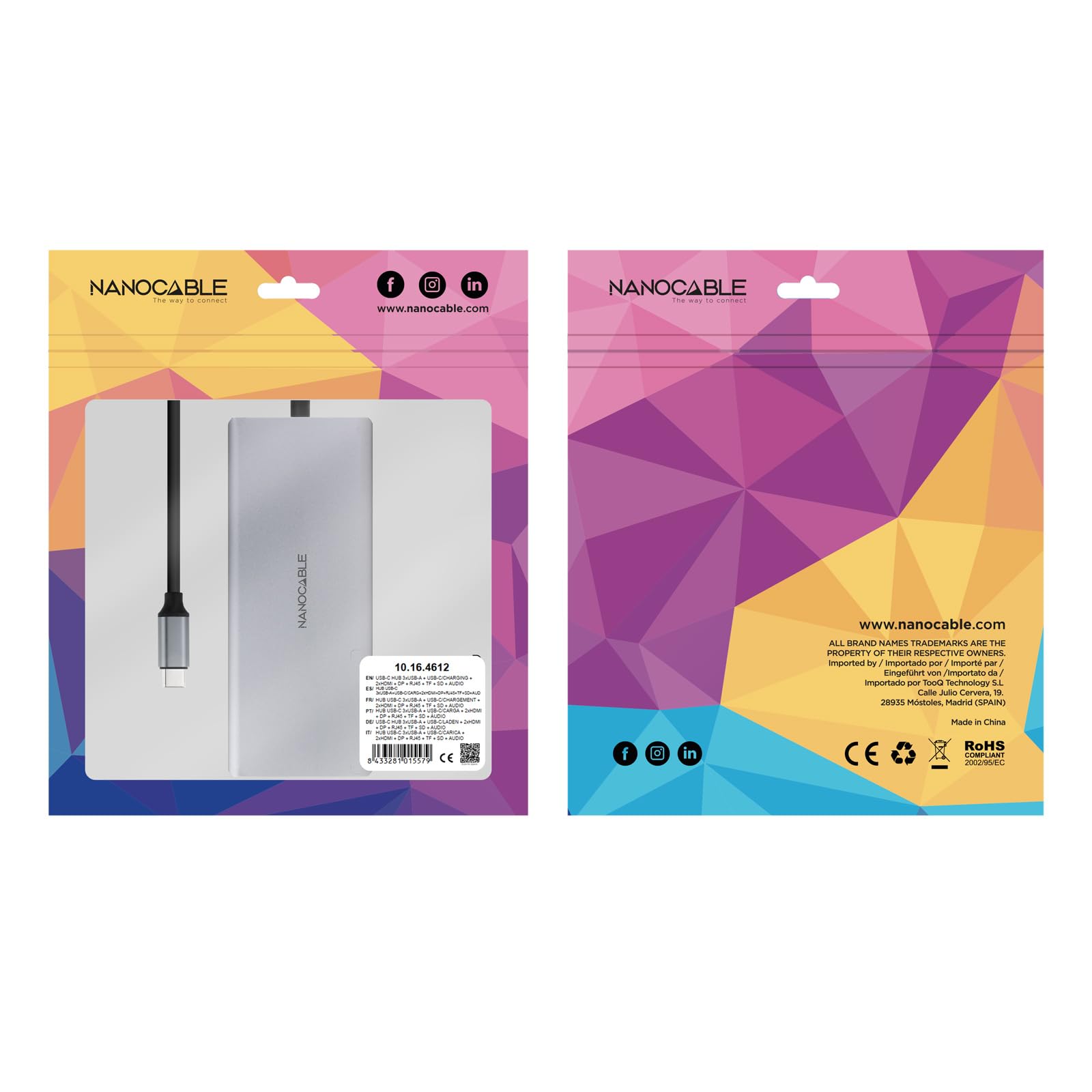 NANOCABLE 10.16.4612 - Hub USB-C 12 en 1, Conversor USB-C 3.1 a 3xUSB-A 3.2 + USB-C 3.2 + USB-C PD + 2xHDMI 4K@60Hz + DP 4K@60Hz + RJ45 1Gbps + TF + SD + Audio Jack 3.5, Aluminio, Gris, 18 cm