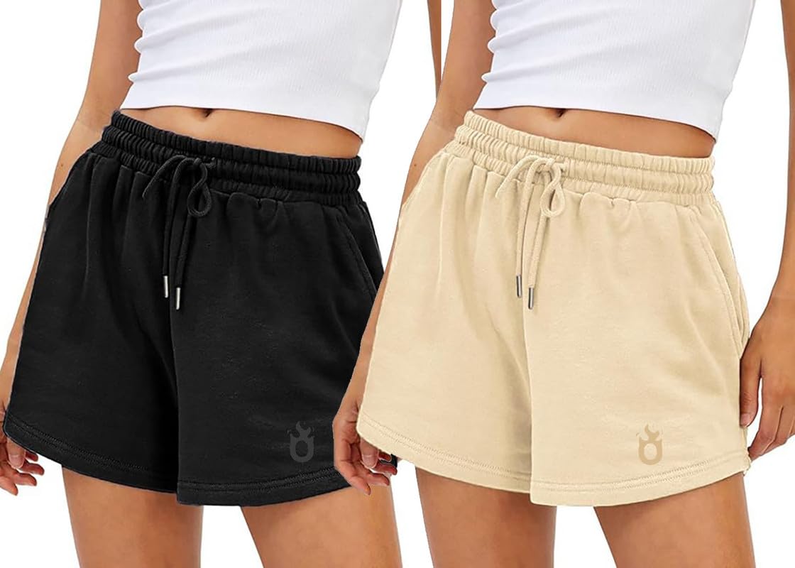 Women's Casual Cotton Shorts,Relaxedfit Shorts, Summer Shorts, Boxer Shorts, Loose fit Shorts,Mid Thigh Length Shorts with Adjustable Waistband and Pockets - Pack of 2