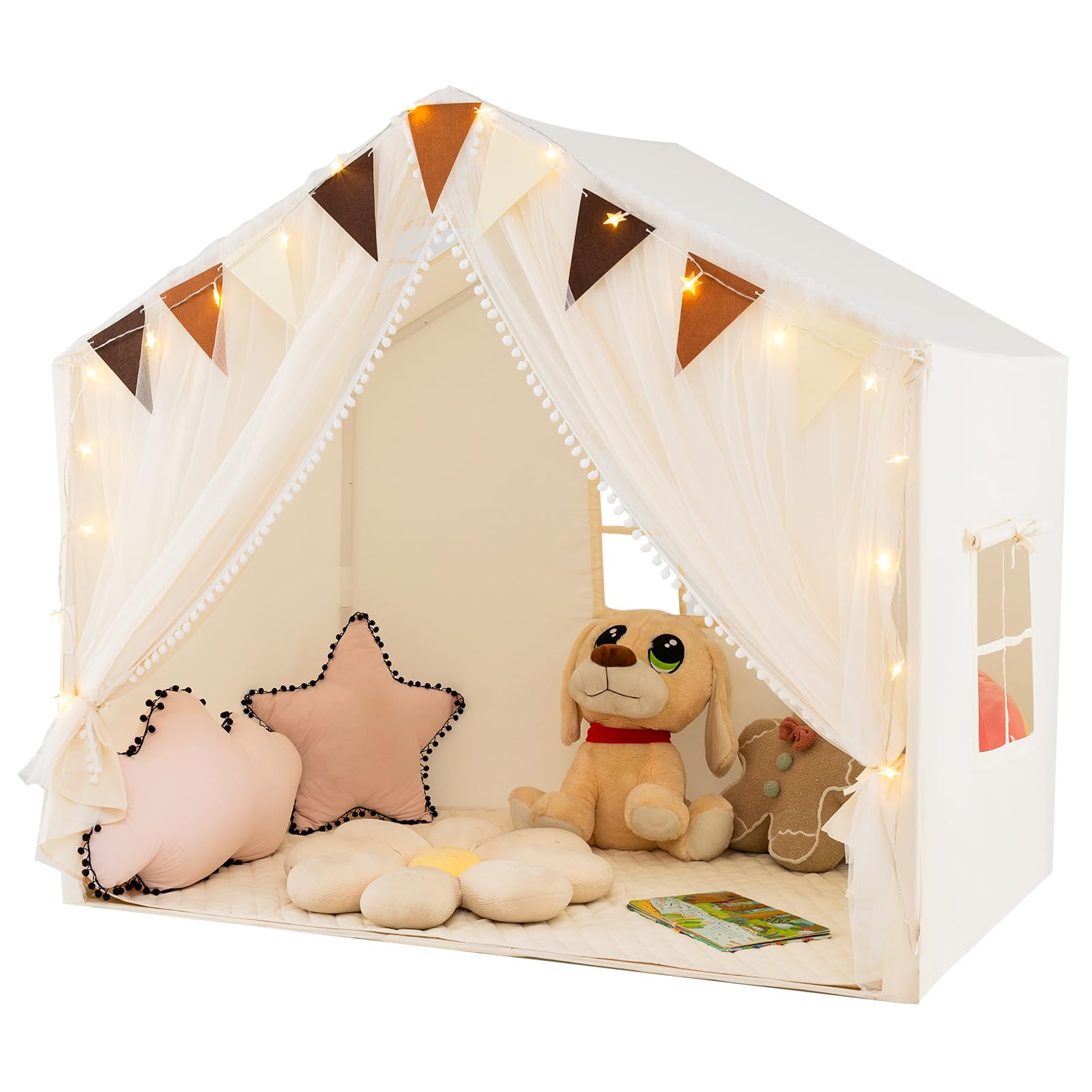 GLACER Kids Tent, Indoor Playhouse with Double-Layer Fabric & Mesh Curtains, Star Lights, Plaid Pennants, Breathable Windows & Washable Cotton Mat, Toddler Playhouse for Boys Girls Age 3+ (Beige)