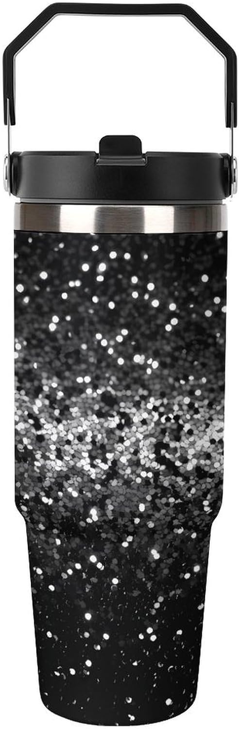 Black White Glitter Water Bottle 30 Oz Fits Car Cup Holder,Insulated Coffee Mug Large Capacity Car Cups,Stainless Steel Double Wall Sport Bottle for Travel Sports Gym