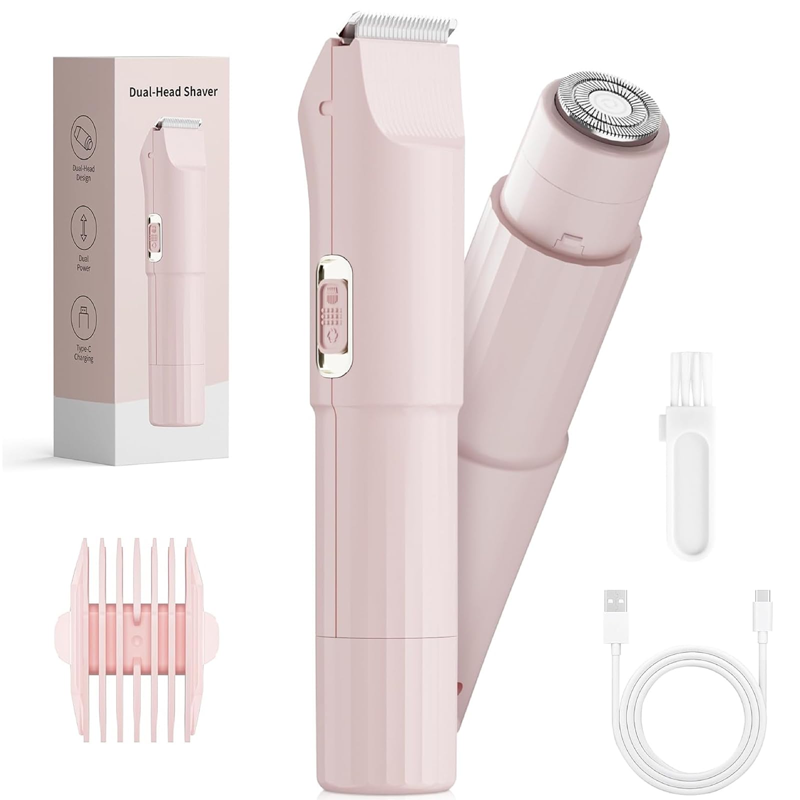 Afeitadora Eléctrica para Mujer, Recortadora 3 en 1 para Rostro y Zonas Íntimas, para Piernas, Brazos, Axilas y Línea del Bikini, Recargable por USB, Apta para Pieles Sensibles (Rosa)