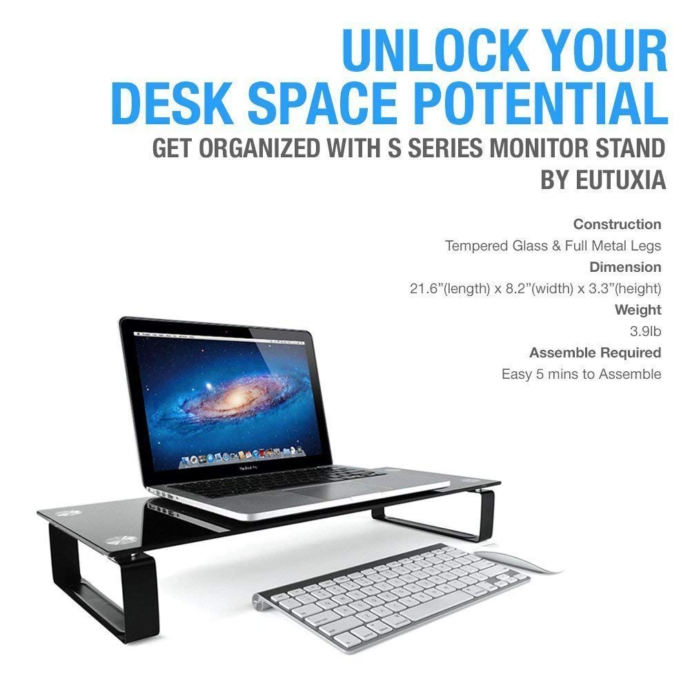 Eutuxia Type-S Black Tempered Glass Monitor Stand, TV, Laptop, Computer, All-In-One Desktop, Printer Riser [21.75 x 8.25 x 3.25 Inches]