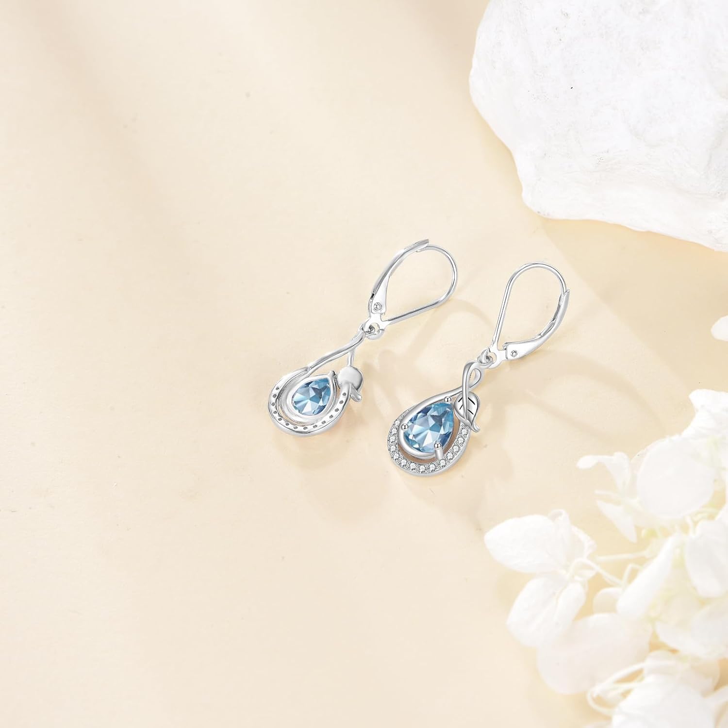 925 Sterling Silver Teardrop Gemstone Earrings Created Birthstone Dangle Drop Earrings Infinity Leaf Leverback Earring Birthday Christmas Jewelry Gifts for Women