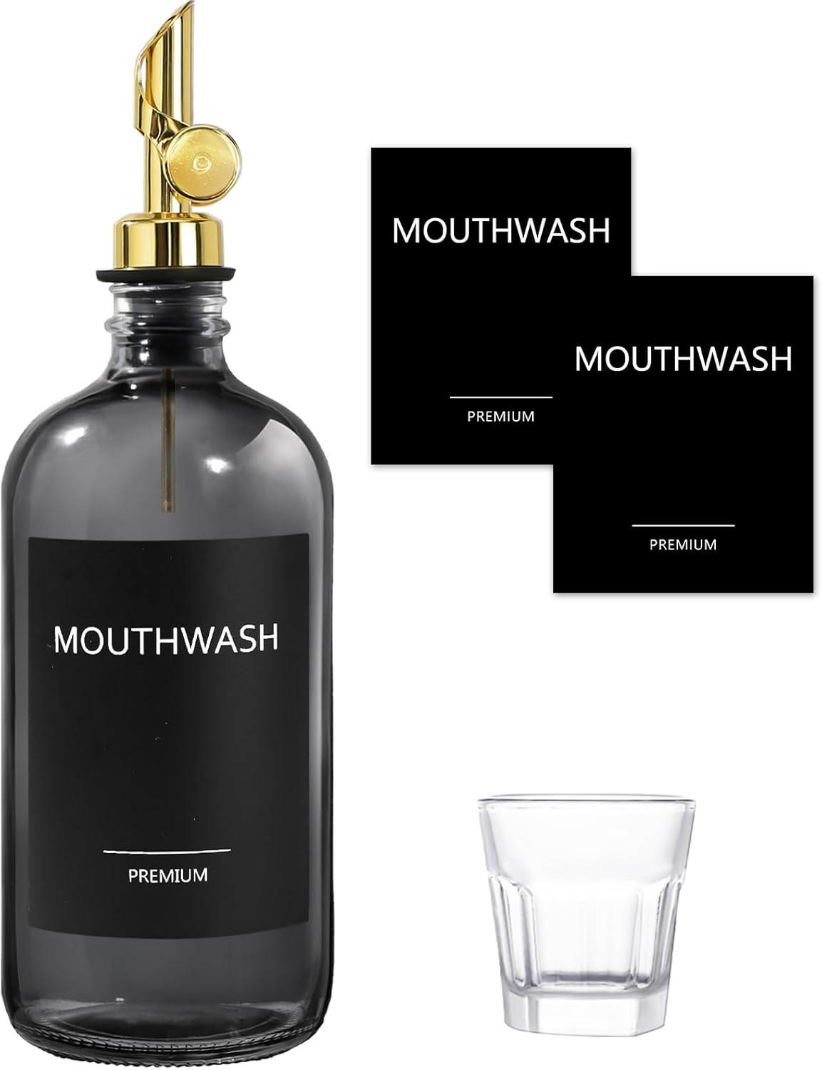 Mouthwash Dispenser for Bathroom, 1 Pack Clear Black Glass Mouth Wash Container with Cup, 17 Fl Oz Mouth Wash Decanter Bottle Set, Refillable Mouthwash Pump Dispenser