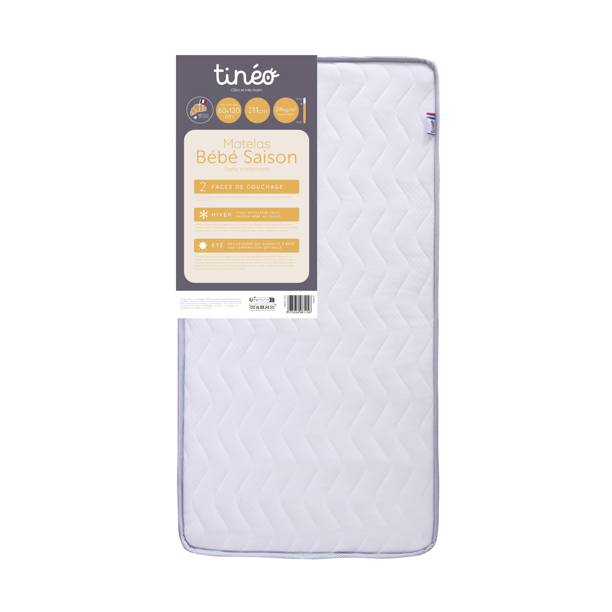 Tinéo - Matelas Bébé Saison 60x120x11cm - Matelas Bébé - Saison - 1 Face Été - 1 Face Hiver - sans Traitement - Densité 20 kg/m3 - Fabriqué en France