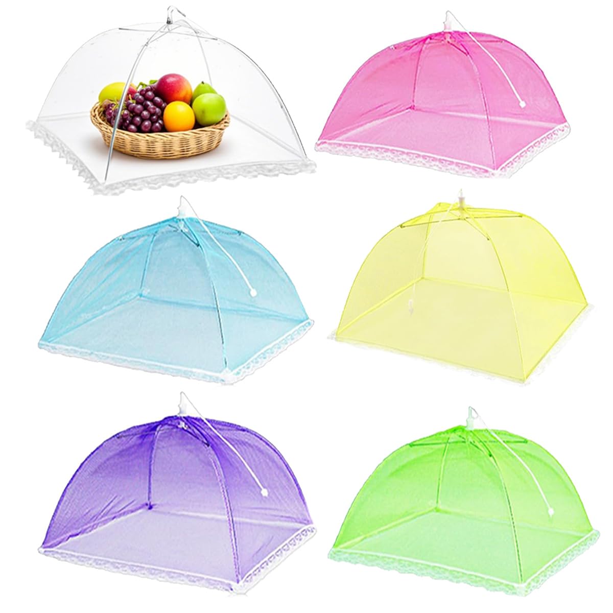 6PCS Mesh Food Covers, 17 Inch Pop Up Food Umbrella Tent Covers, Fruit Cake Net Domes for Outdoors, Screen Tents, Parties Picnics, BBQs, Reusable and Collapsible (Rainbow-6PCS) — image 1