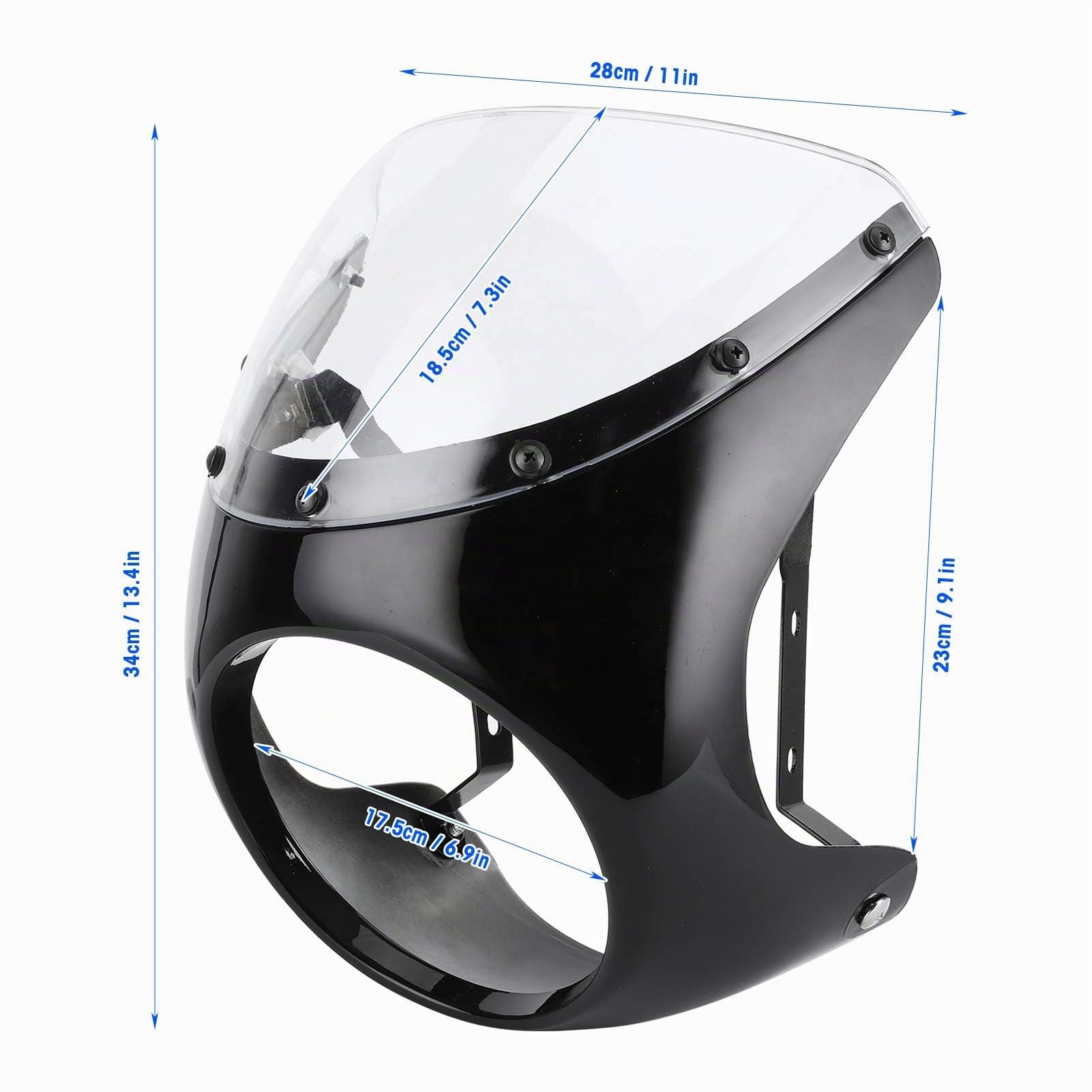 Carenado de faro y deflector de viento, 7 pulgadas Deflectores de parabrisas de motocicleta, Protector de faros (Cubierta transparente negra brillante)