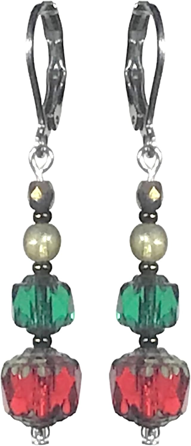 CariCat Designs Boho Chic Brilliant Red and Green Czech Glass Beaded Christmas Holiday Drop Dangle Earrings - French Wire Lever Backs