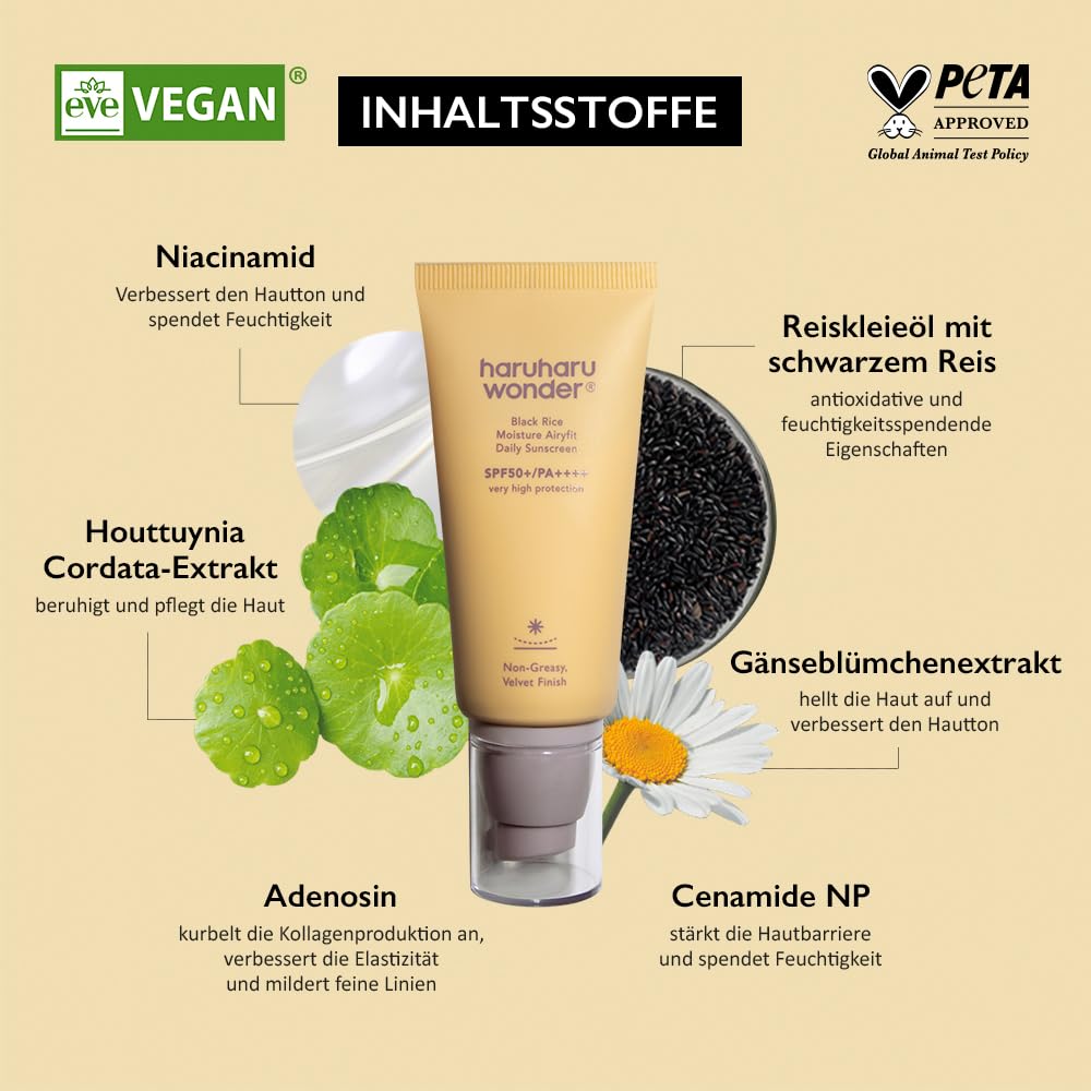 haruharu wonder Black Rice Moisture Airyfit Daily Sunscreen 50ml (Pack of 2) SPF 50+ PA++++, Breitspektrum UVA/UVB, Antioxidationsmittel, nicht fettende samtige Oberfläche, hydratisierend