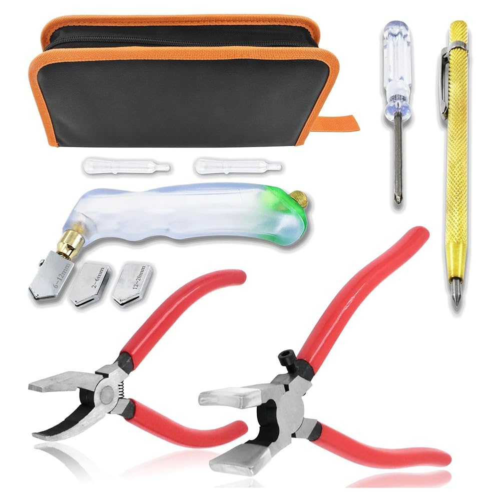 Littimoon Curve Jaw Glass Running Pliers& Breaker Grozer Pliers,Pencil Style Oil Feeder- 10pcs Heavy Duty Glass Cutting Tool Kit