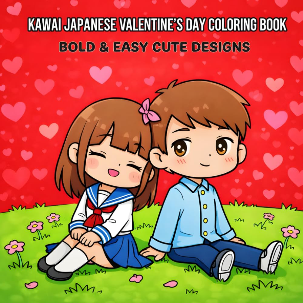 Kawaii Japanese Valentine’s Day Coloring Book: Bold & Easy Designs with Cozy Japanese Scenes for Relaxation and Stress Relief for Kids and Adults