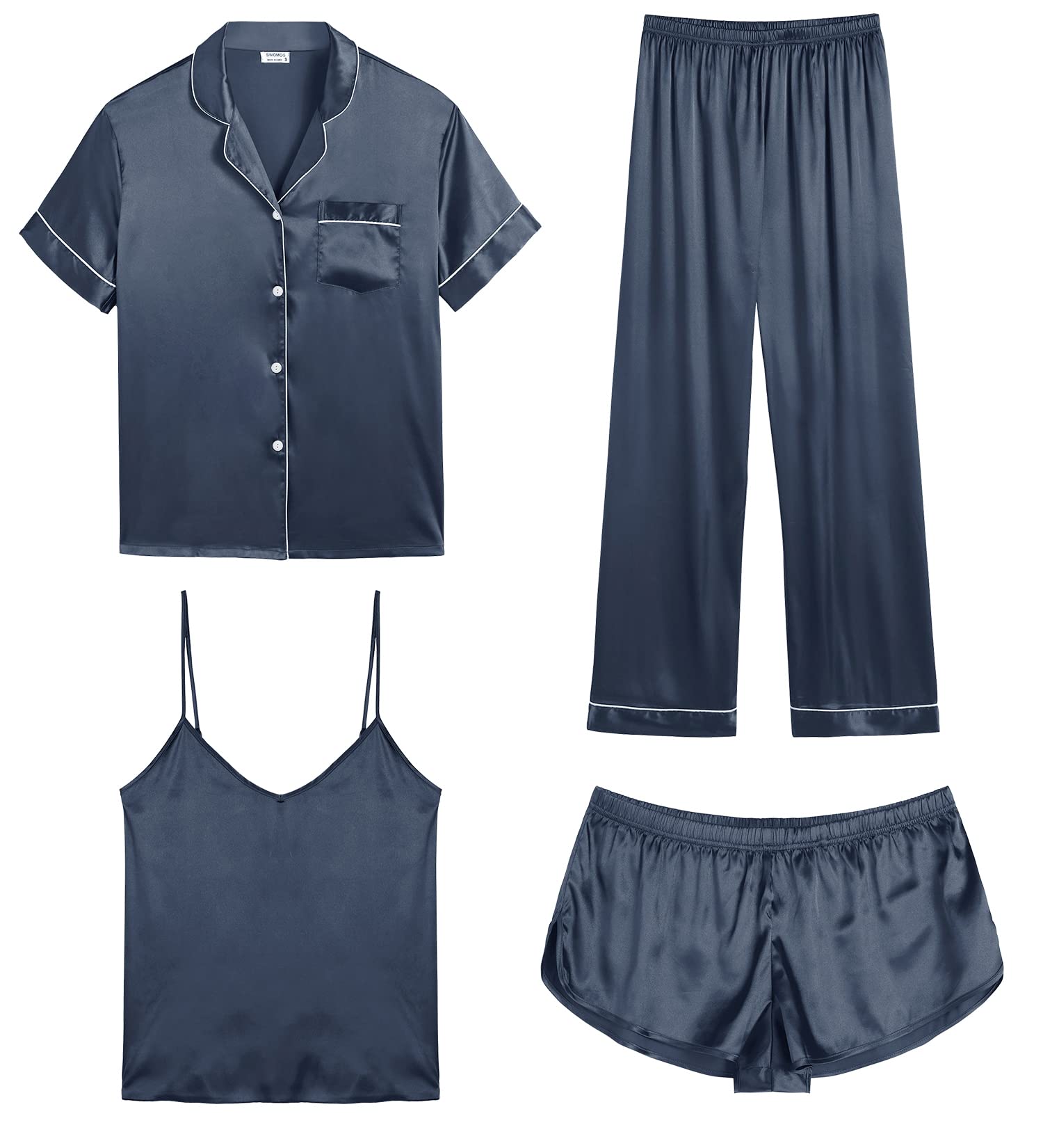 SWOMOG Womens Silk Satin Pajamas Sets 4pcs Sleepwear Sexy Cami Shorts Set and Button Down Short Sleeve Pjs Loungewear