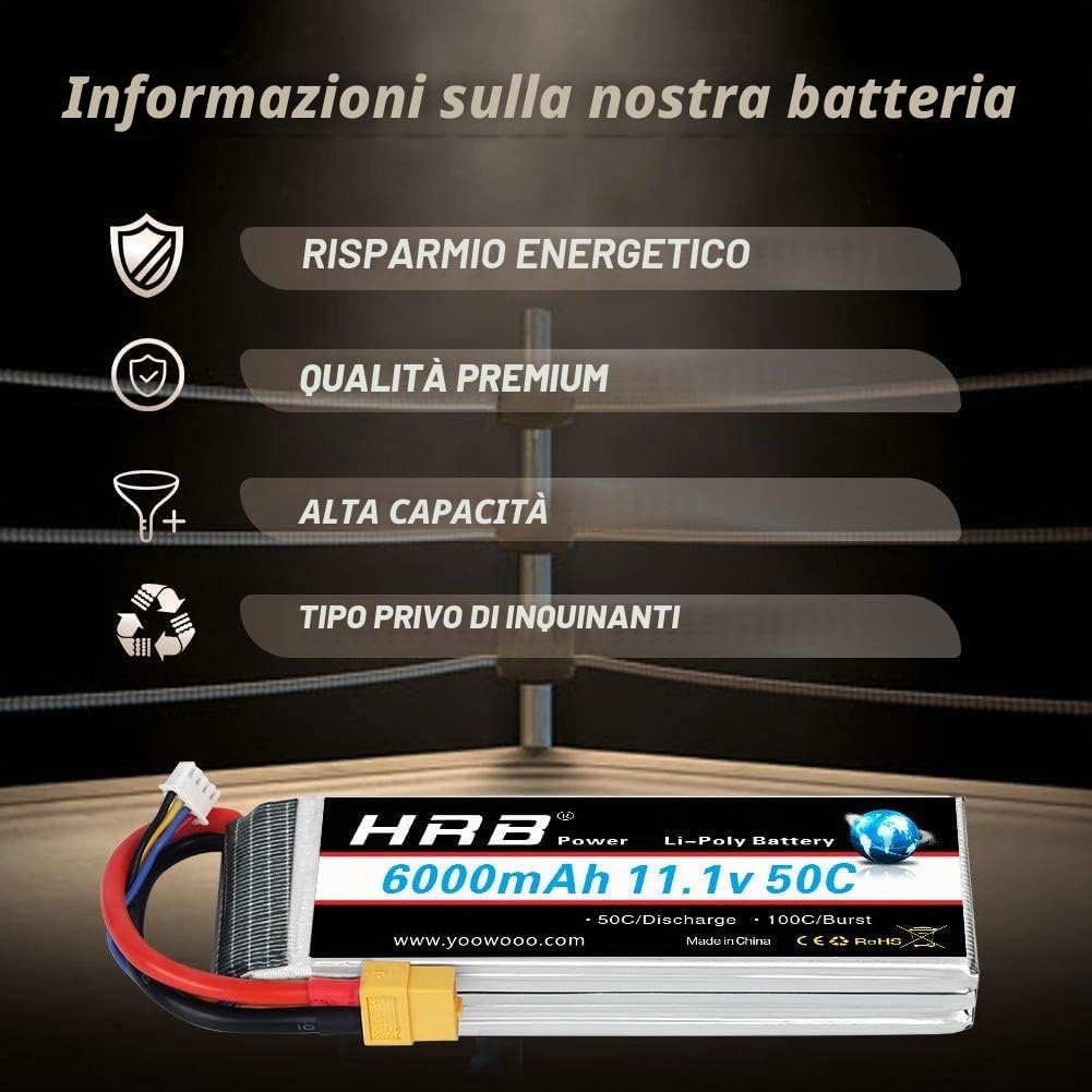 HRB Batteria LiPo 6000mAh 11.1V 50C 3S per Elicottero Aereo FPV quadcopter Drone Nero Ricambi RC Auto (XT60 Plug)
