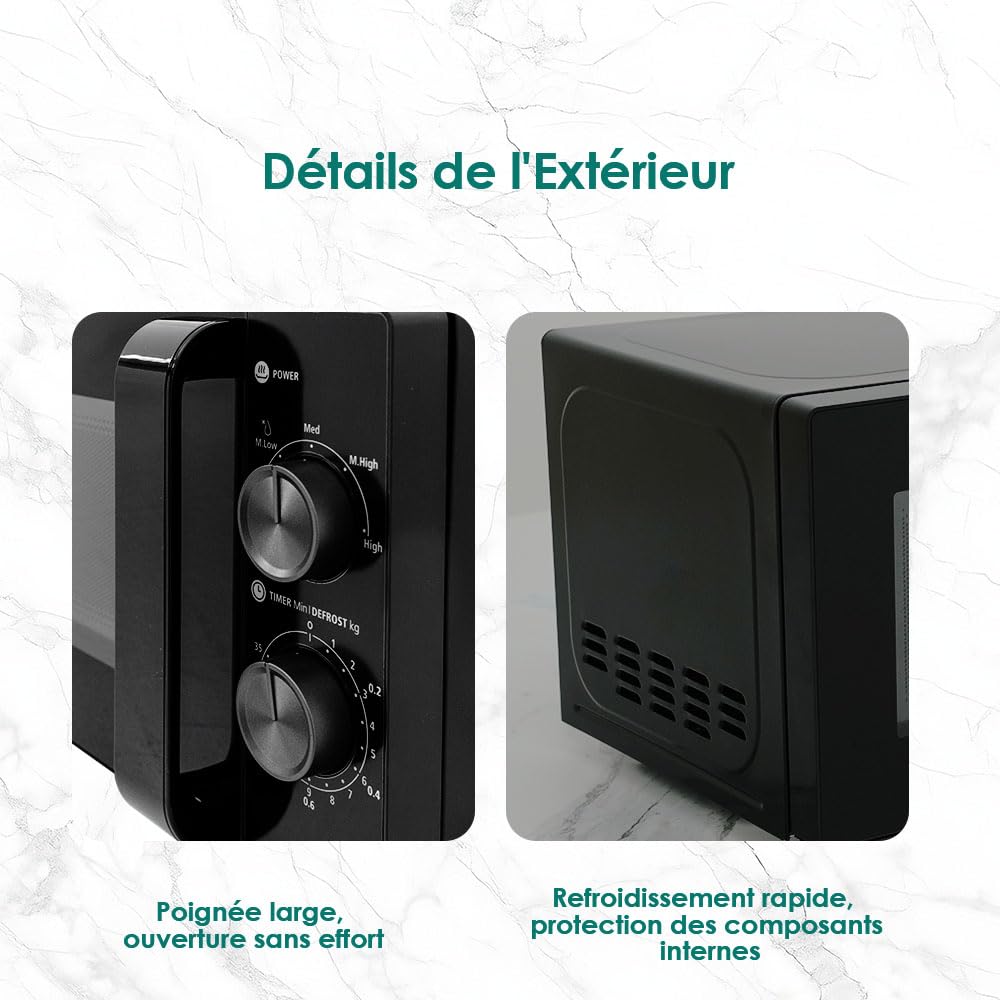 Micro-ondes 20L, Noir, Micro onde 700W, 5 Niveaux de Puissance, Chauffage Uniforme, Minuterie 35min, Compact Facile à Utiliser pour Décongélation et Chauffage Quotidien