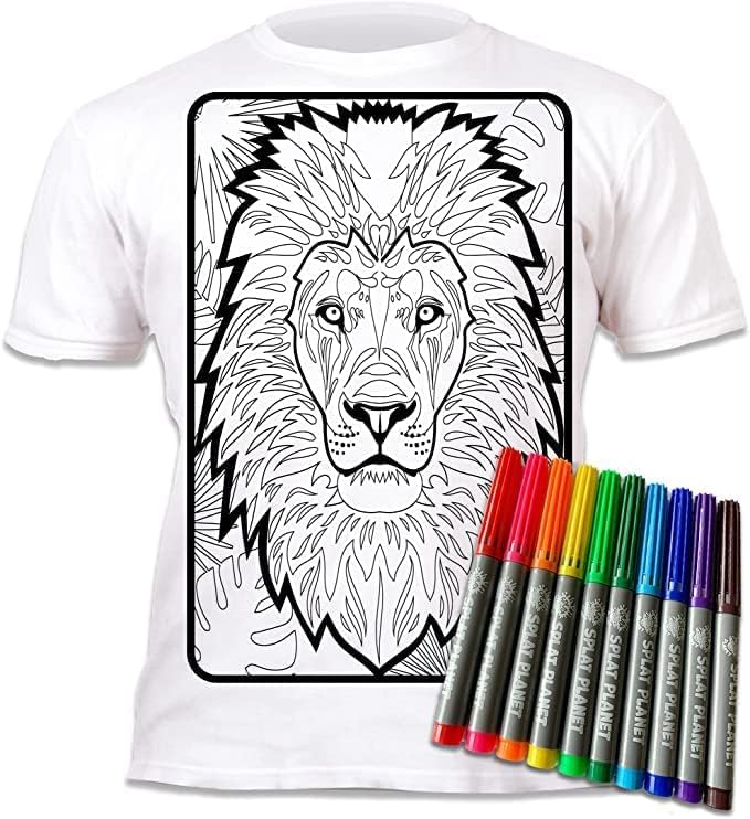 Splat Planet Colour-in Lion Pop Art T-Shirt with 10 Non-Toxic Washable Magic Pens - Colour in and Wash Out T-Shirt (Age 12-13) White