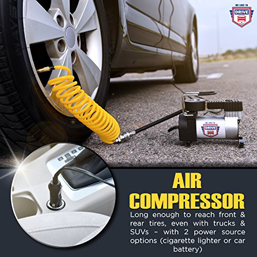 12V DC Best Air Compressor Tire Inflator with Gauge – 150 PSI Portable Air Pump for Car Tires, Trucks & Inflatables – DOUBLE BONUS Tire Puncture Repair Kit & Carry Case – by We Love to Drive
